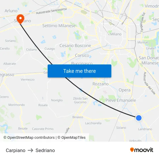 Carpiano to Sedriano map