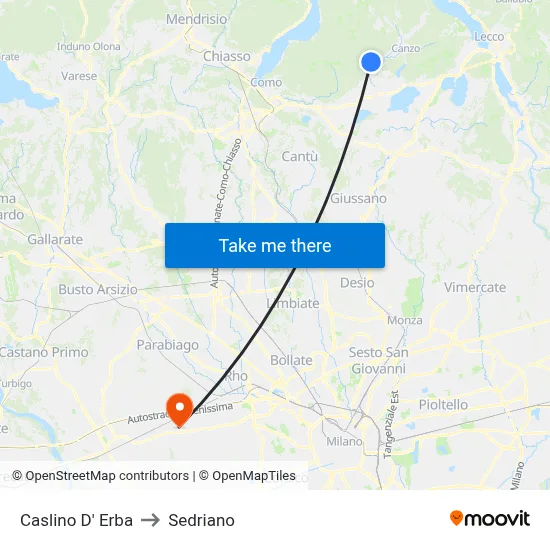 Caslino d'Erba to Sedriano map