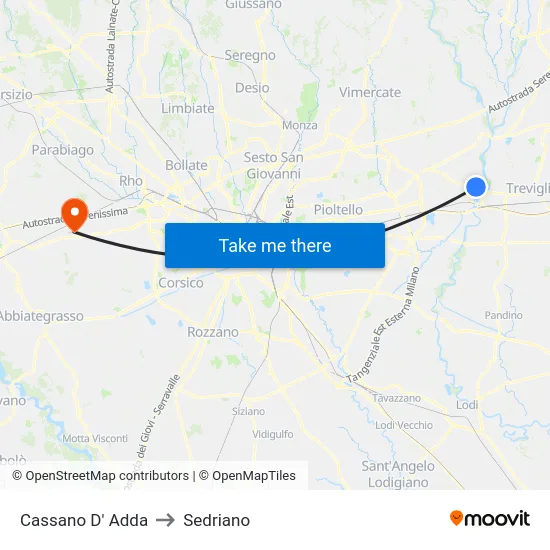 Cassano D'Adda to Sedriano map