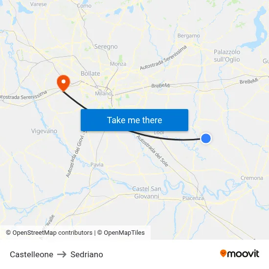 Castelleone to Sedriano map