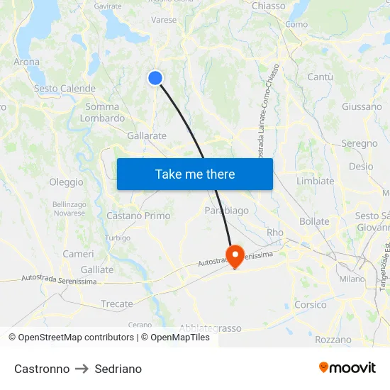 Castronno to Sedriano map