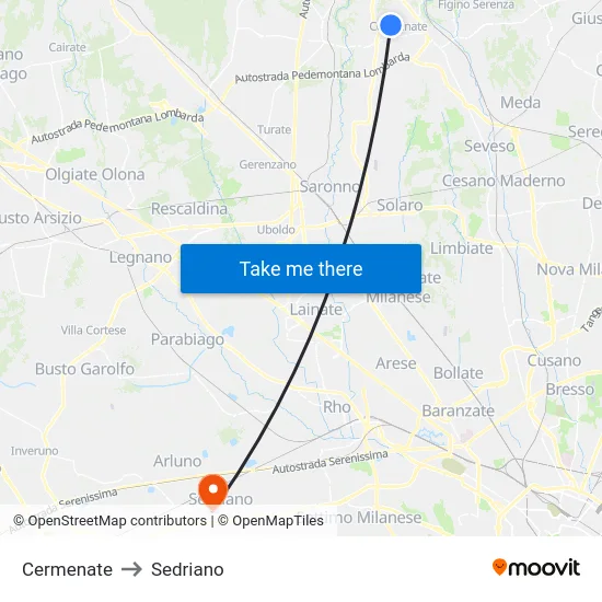 Cermenate to Sedriano map