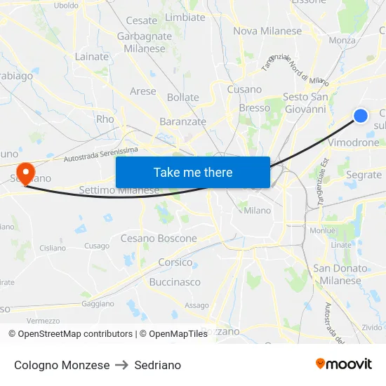 Cologno Monzese to Sedriano map