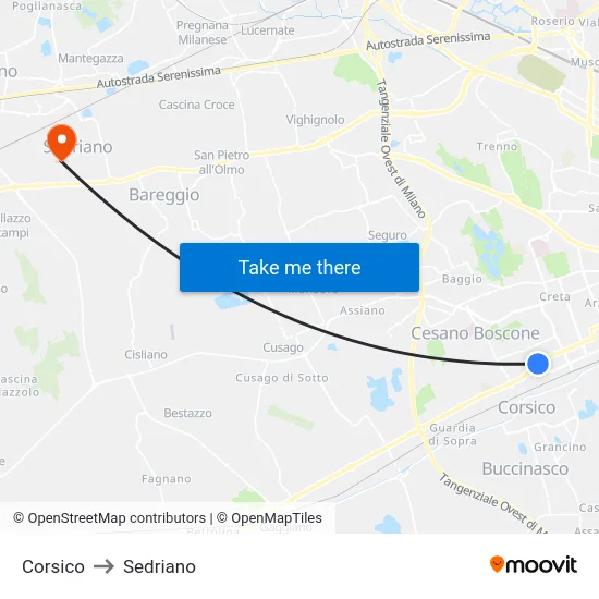 Corsico to Sedriano map