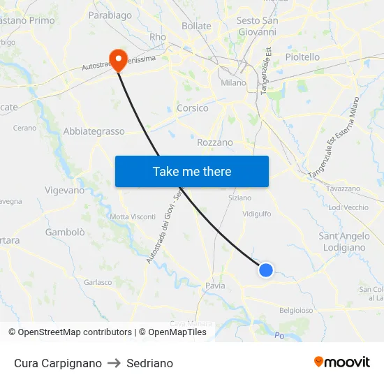 Cura Carpignano to Sedriano map
