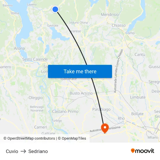 Cuvio to Sedriano map