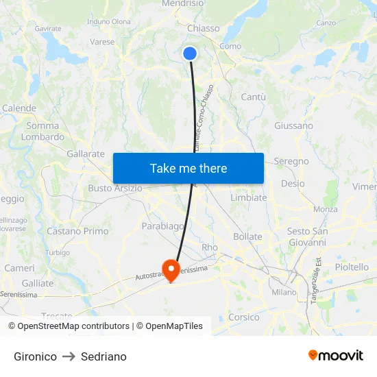 Gironico to Sedriano map