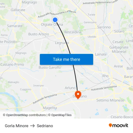 Gorla Minore to Sedriano map
