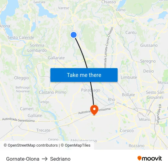 Gornate-Olona to Sedriano map