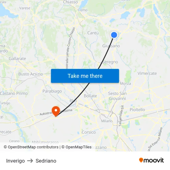 Inverigo to Sedriano map