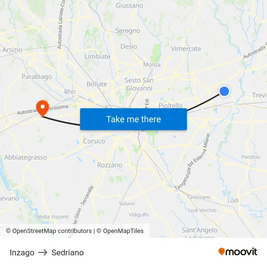 Inzago to Sedriano map