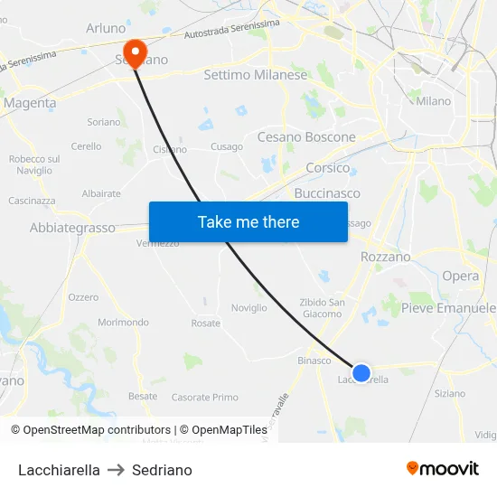 Lacchiarella to Sedriano map