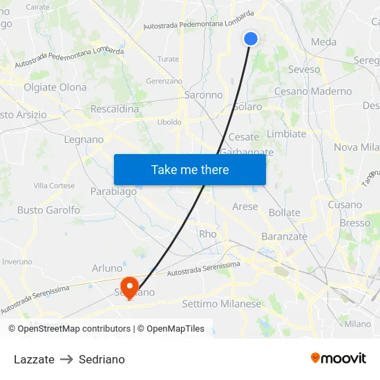 Lazzate to Sedriano map