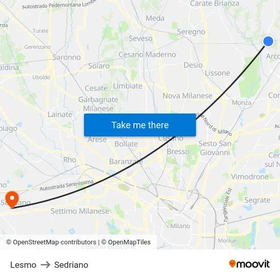 Lesmo to Sedriano map