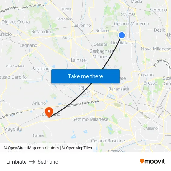 Limbiate to Sedriano map