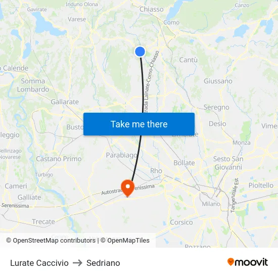 Lurate Caccivio to Sedriano map