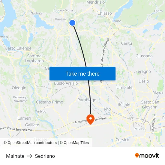 Malnate to Sedriano map