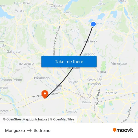 Monguzzo to Sedriano map