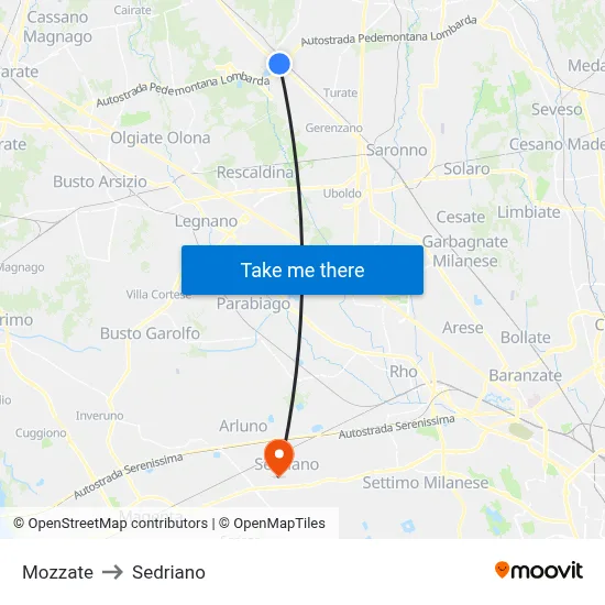 Mozzate to Sedriano map