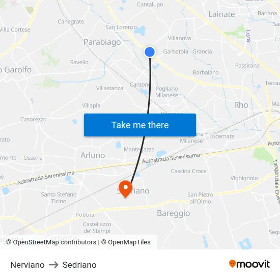 Nerviano to Sedriano map