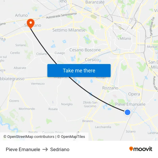 Pieve Emanuele to Sedriano map