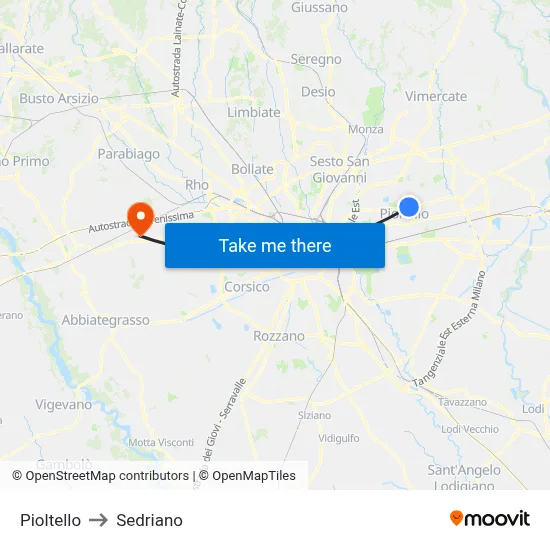 Pioltello to Sedriano map