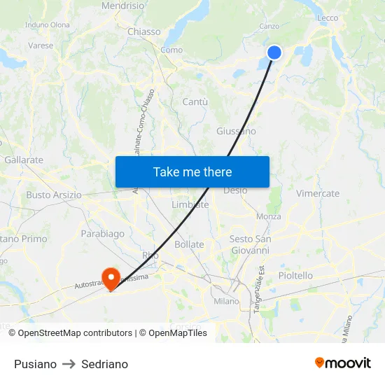 Pusiano to Sedriano map