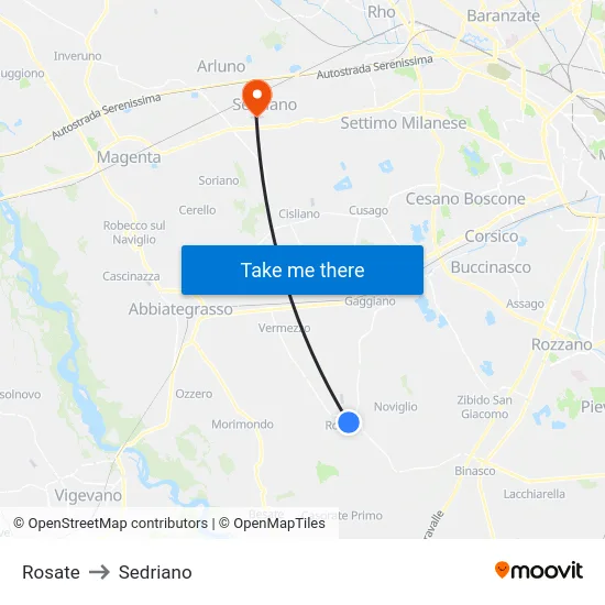 Rosate to Sedriano map