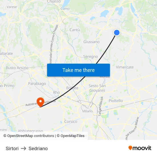 Sirtori to Sedriano map