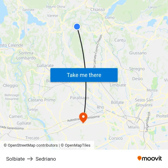 Solbiate to Sedriano map