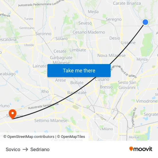 Sovico to Sedriano map