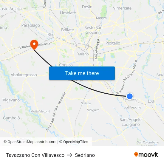 Tavazzano Con Villavesco to Sedriano map