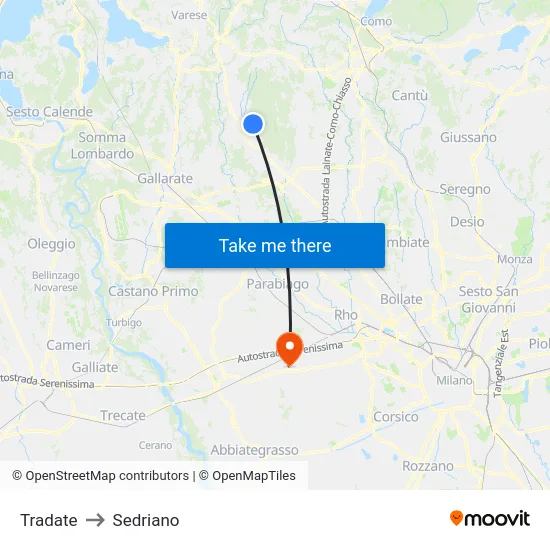 Tradate to Sedriano map