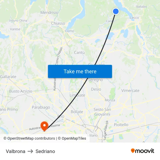 Valbrona to Sedriano map