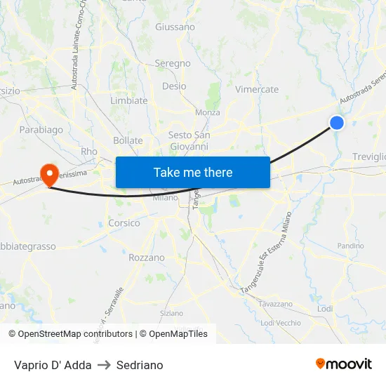 Vaprio D' Adda to Sedriano map