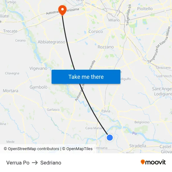 Verrua Po to Sedriano map