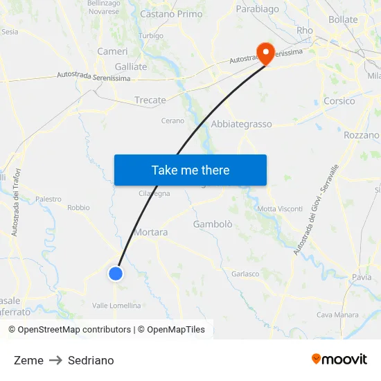 Zeme to Sedriano map