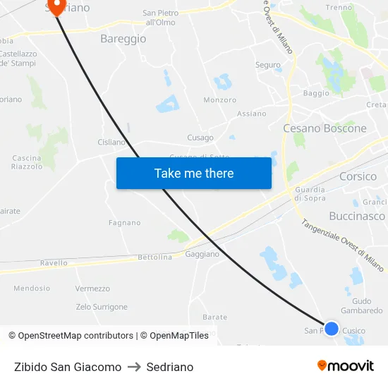 Zibido San Giacomo to Sedriano map