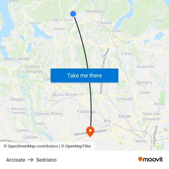 Arcisate to Sedriano map