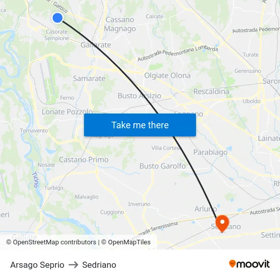 Arsago Seprio to Sedriano map