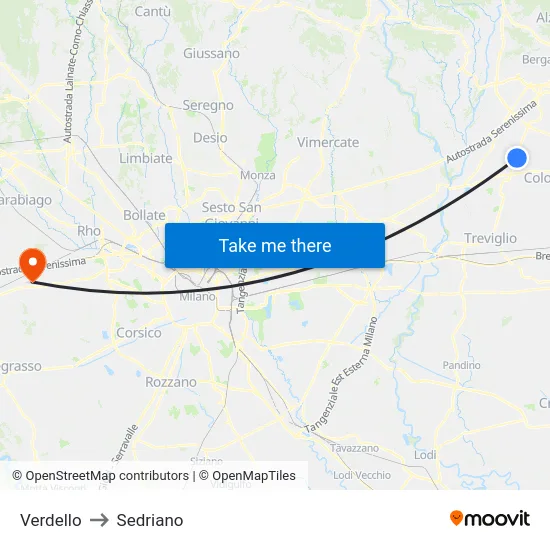 Verdello to Sedriano map