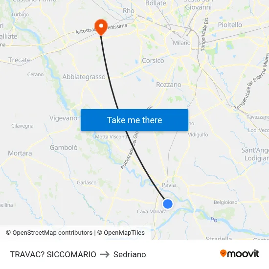 Travacò Siccomario to Sedriano map