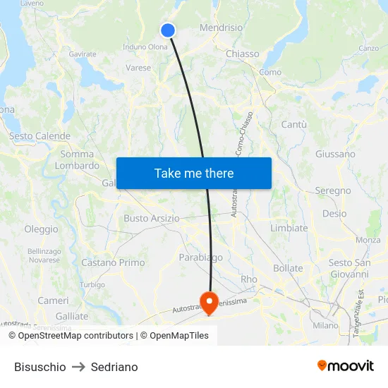Bisuschio to Sedriano map