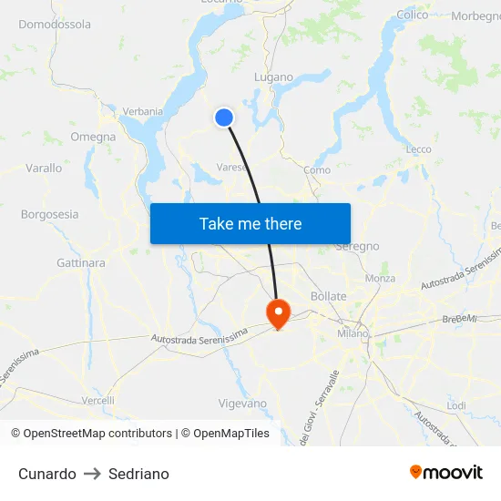 Cunardo to Sedriano map