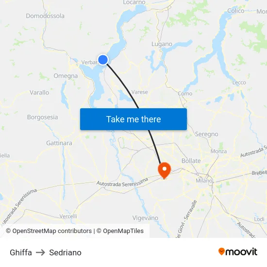 Ghiffa to Sedriano map