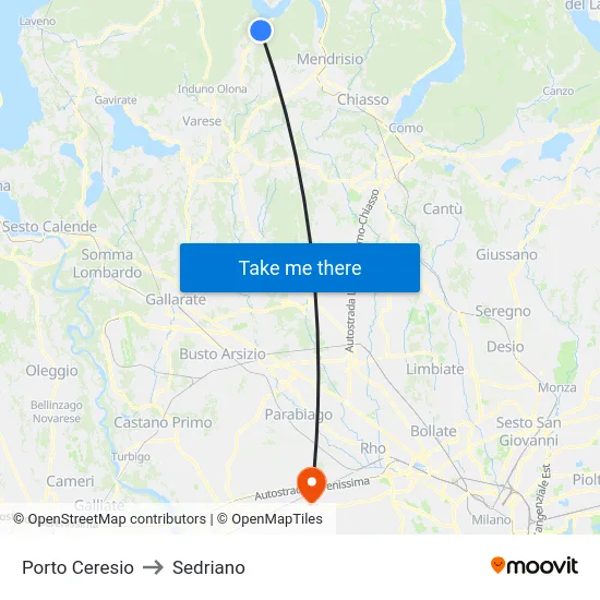 Porto Ceresio to Sedriano map