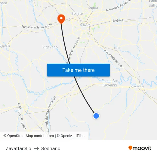 Zavattarello to Sedriano map