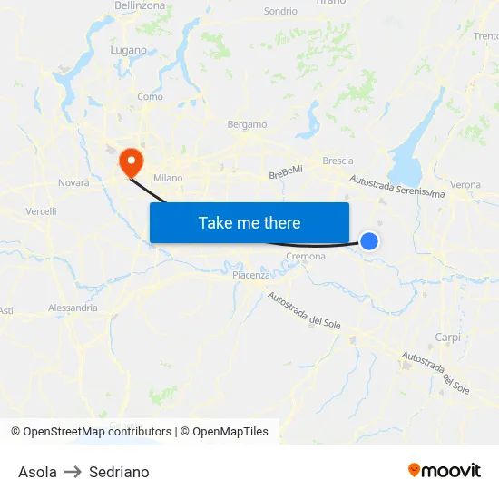 Asola to Sedriano map