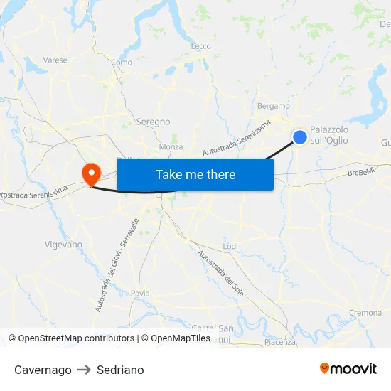Cavernago to Sedriano map
