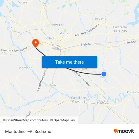 Montodine to Sedriano map
